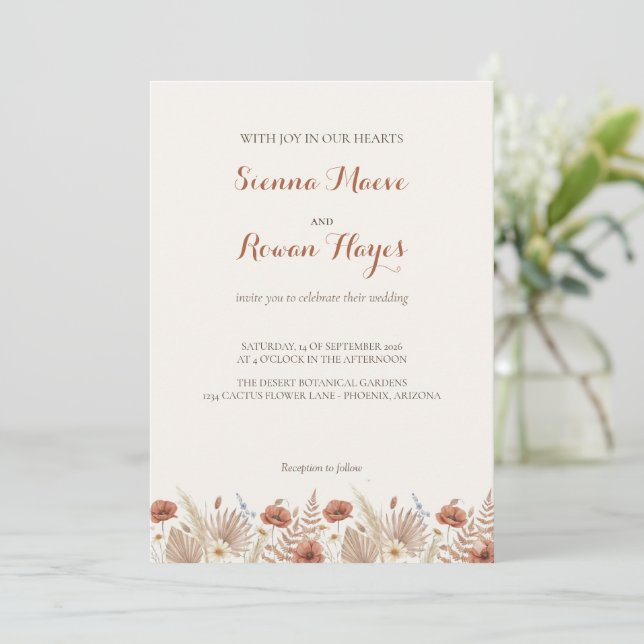 Convite Casamento Boho Terracota Arco & Grama Pampas (Em pé/Frente)