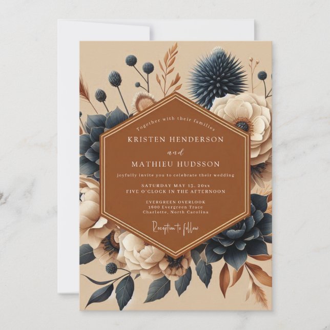 Convite Casamento Boho Terracota Navy (Frente)