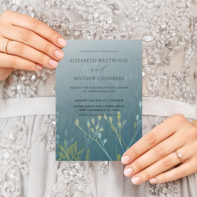 Convite Casamento Boho Verde Azul & Amarelo com Folhagem P (Criador carregado)