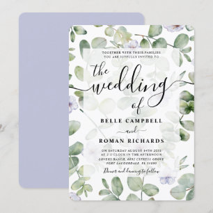 Convite Casamento Boho Verde Eucalipto e Floral Roxo