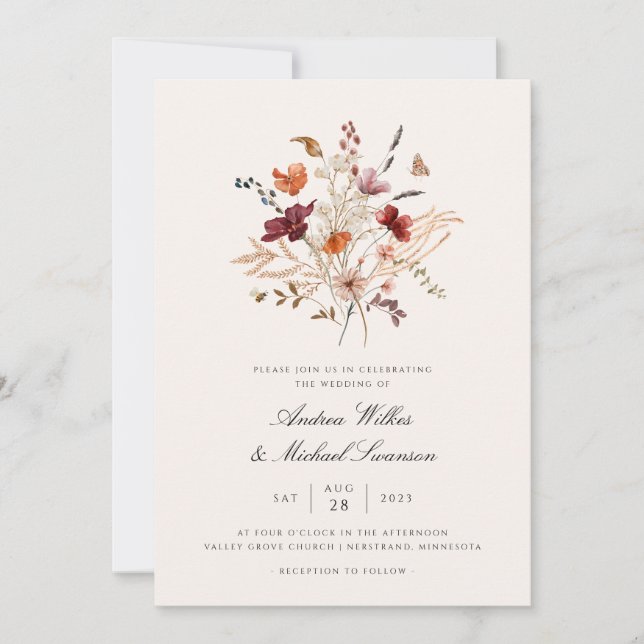 Convite Casamento Boho Vintage Flor Silvestre Outono (Frente)