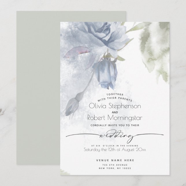 Convite CASAMENTO | Boho Watercolor Azul Rosa (Frente/Verso)
