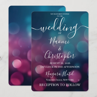 Convite Casamento Bokeh Azul Rosa Escuro Personalizável