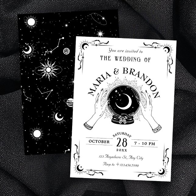 Convite Casamento bola de cristal da lua mágica preta e br (Criador carregado)