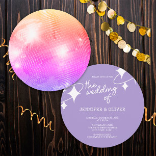 Convite Casamento Bola de Discoteca Laranja Rosa Lavanda R