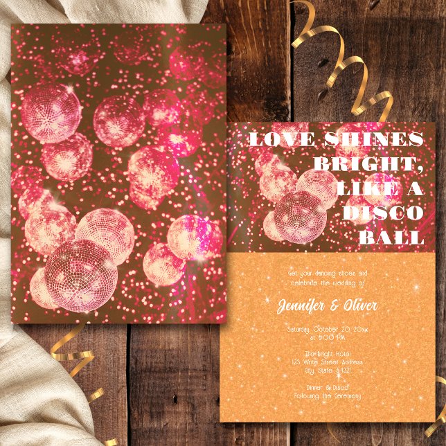 Convite Casamento Bola de Discoteca Retro Rosa Quente e La (Front and Back)