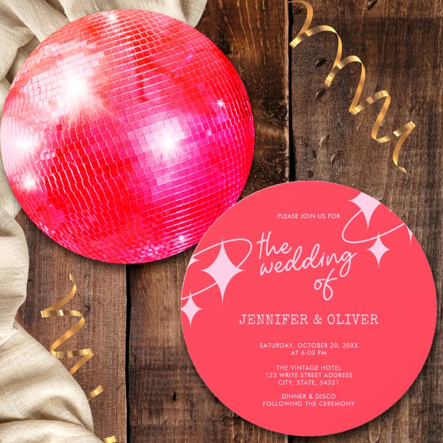 Convite Casamento Bola de Discoteca Rosa Laranja Retro (Front and Back)