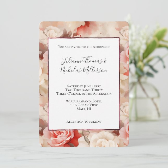 Convite Casamento bonito com Creme Rosa-Floral Rosa (Em pé/Frente)