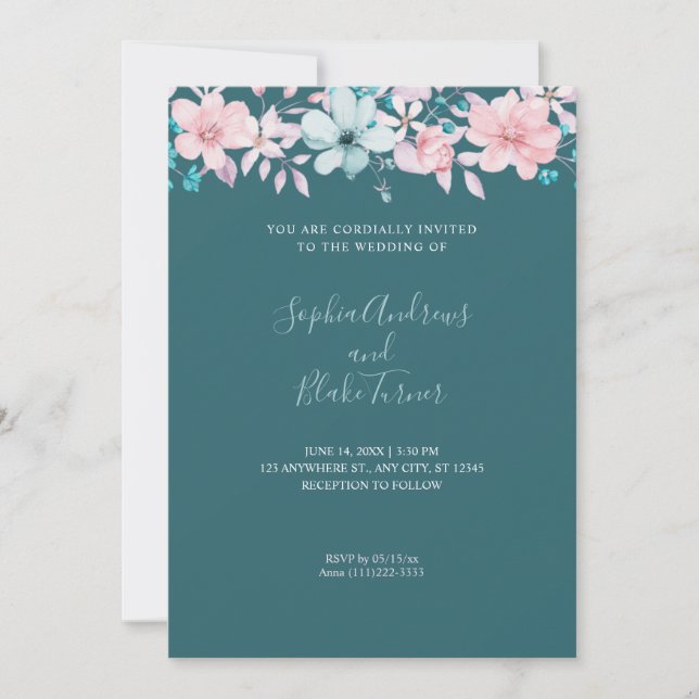 Convite Casamento bonito com Teal Floral, Rosa e Azul (Frente)