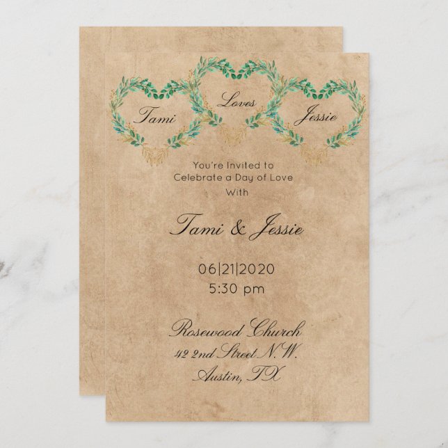 Convite Casamento Bonito de Coração Antiquado Rustic Green (Frente/Verso)