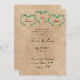 Convite Casamento Bonito de Coração Antiquado Rustic Green