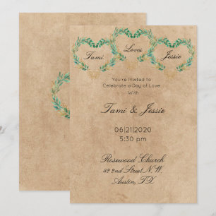 Convite Casamento Bonito de Coração Antiquado Rustic Green