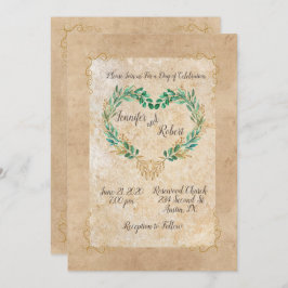 Convite Casamento Bonito de Coração Antiquado Rustic Green