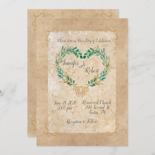 Convite Casamento Bonito de Coração Antiquado Rustic Green (Frente/Verso)