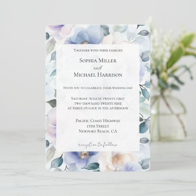 Convite Casamento bonito de Flores Brancas de Lavanda Roxa (Em pé/Frente)