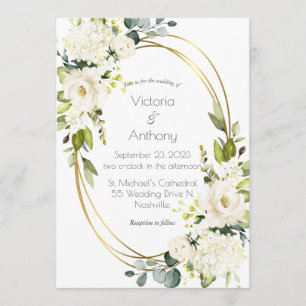Convite Casamento bonito de Quadro Dourado Branco Floral M
