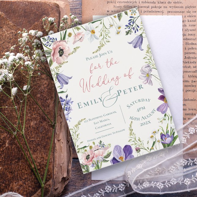 Convite Casamento bonito Púrpura de Borda Floral Rosa-Rosa (Pretty Purple Blush Pink Floral Border Wedding Invitation)