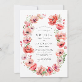 Convite Casamento bonito, rosa e design de papoila vermelh