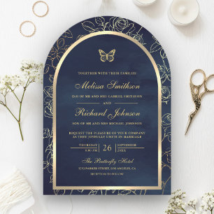 Convite Casamento Borboleta Arco Dourado Arte Linha Azul M