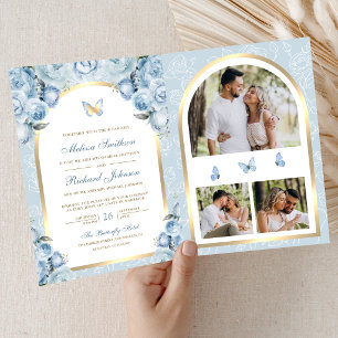 Convite Casamento Borboleta Arco Dourado Floral Azul Suave