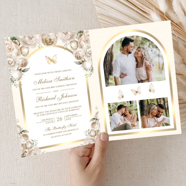Convite Casamento Borboleta Arco Dourado Floral Creme Marf (Criador carregado)