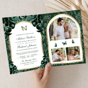 Convite Casamento Borboleta Arco Dourado Floral Verde Esme