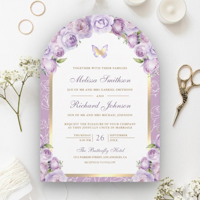 Convite Casamento Borboleta Arco Floral Roxo Lavanda Doura (Criador carregado)