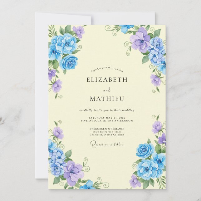 Convite Casamento Borboleta Azul Ranunculus Eucalipto (Frente)