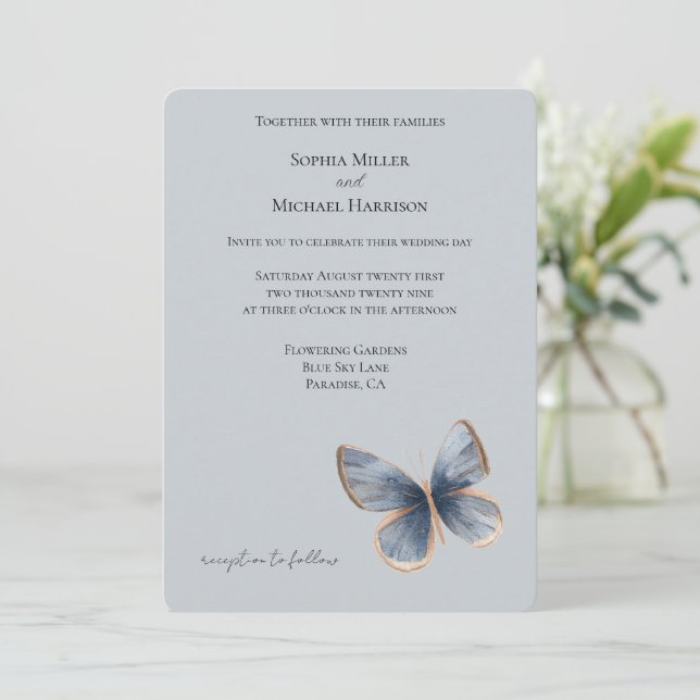 Convite Casamento Borboleta Denim Azul Falso (Em pé/Frente)