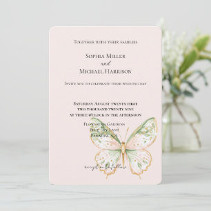 Convite Casamento Borboleta Dourada Verde Hortelã Rosa Cor