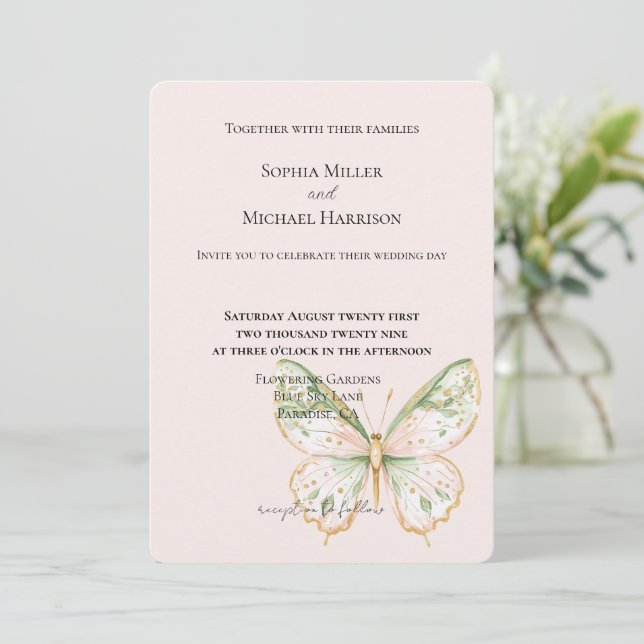 Convite Casamento Borboleta Dourada Verde Hortelã Rosa Cor (Em pé/Frente)