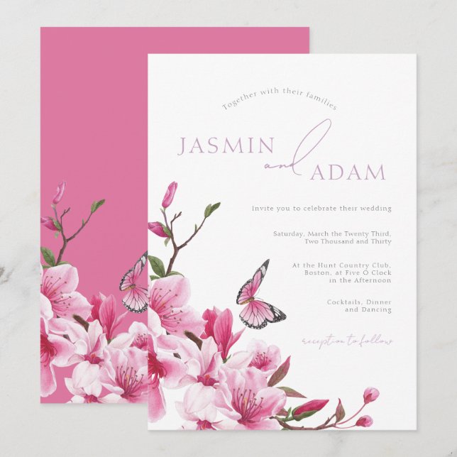 Convite Casamento Borboleta Flor de Romance Rosa (Frente/Verso)