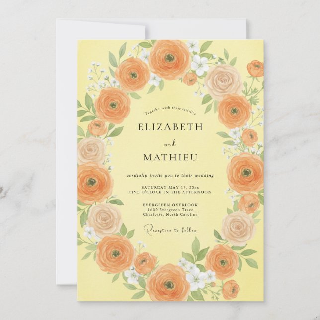 Convite Casamento Borboleta Laranja Ranunculus Eucalipto (Frente)