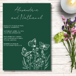Convite Casamento Borboleta Moderno Verde Escuro e Branco