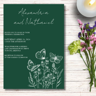 Convite Casamento Borboleta Moderno Verde Escuro e Branco
