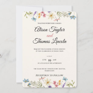 Convite Casamento Borboleta Prado de Flores Silvestres Cap