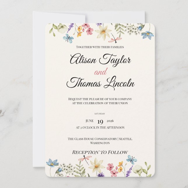 Convite Casamento Borboleta Prado de Flores Silvestres Cap (Frente)