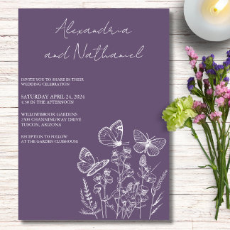 Convite Casamento Borboleta Roxo e Branco de Ámbar Moderno