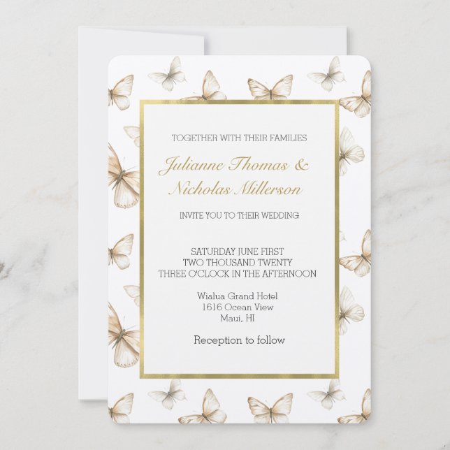 Convite Casamento Borboletas Brancas Creme Dourado Chic   (Frente)