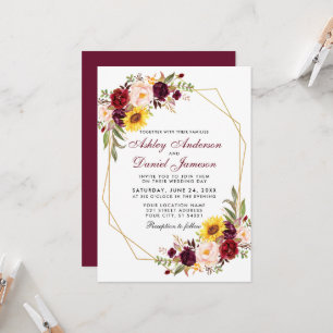 Convite Casamento Borgonha com Frame Dourado Geométrico F