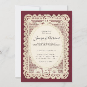 Convite Casamento Borgonha com Renda de Papel Antigo