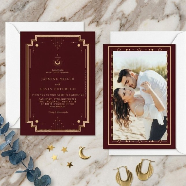 Convite Casamento Borgonha Lua Estrelas Místicas Celestiai (Criador carregado)