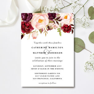 Convite Casamento Borgonha-Vermelha e Floral Rosa-Esmagado