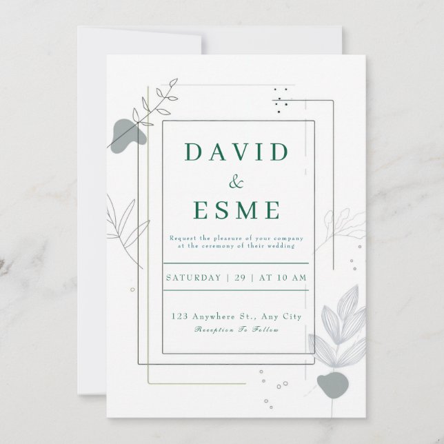 Convite Casamento Botânico Abstrato Minimalista Cinza (Frente)