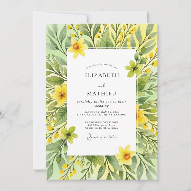 Convite Casamento Botânico Alegre Amarelo de Primavera (Frente)