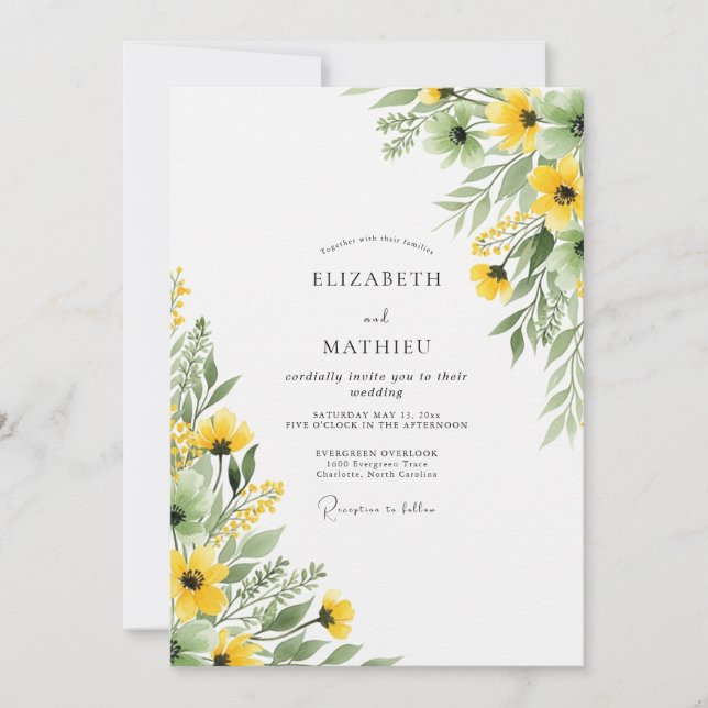Convite Casamento Botânico Alegre de Verão Amarelo (Frente)