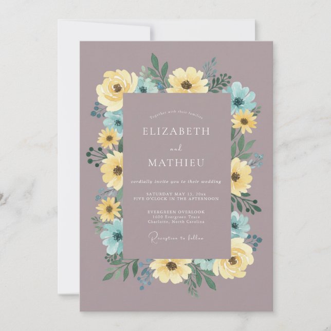 Convite Casamento Botânico Amarelo Azul Malva (Frente)