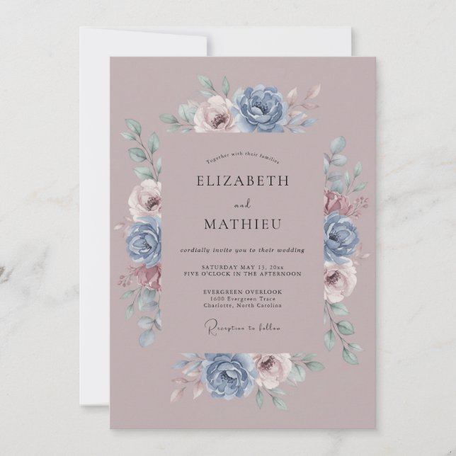 Convite Casamento Botânico Antigo Rosa (Frente)
