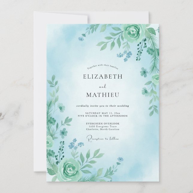 Convite Casamento Botânico Aqua Lush (Frente)