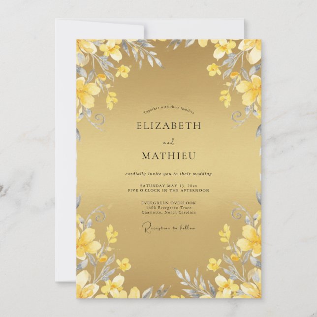 Convite Casamento Botânico Aquarela Amarela (Frente)